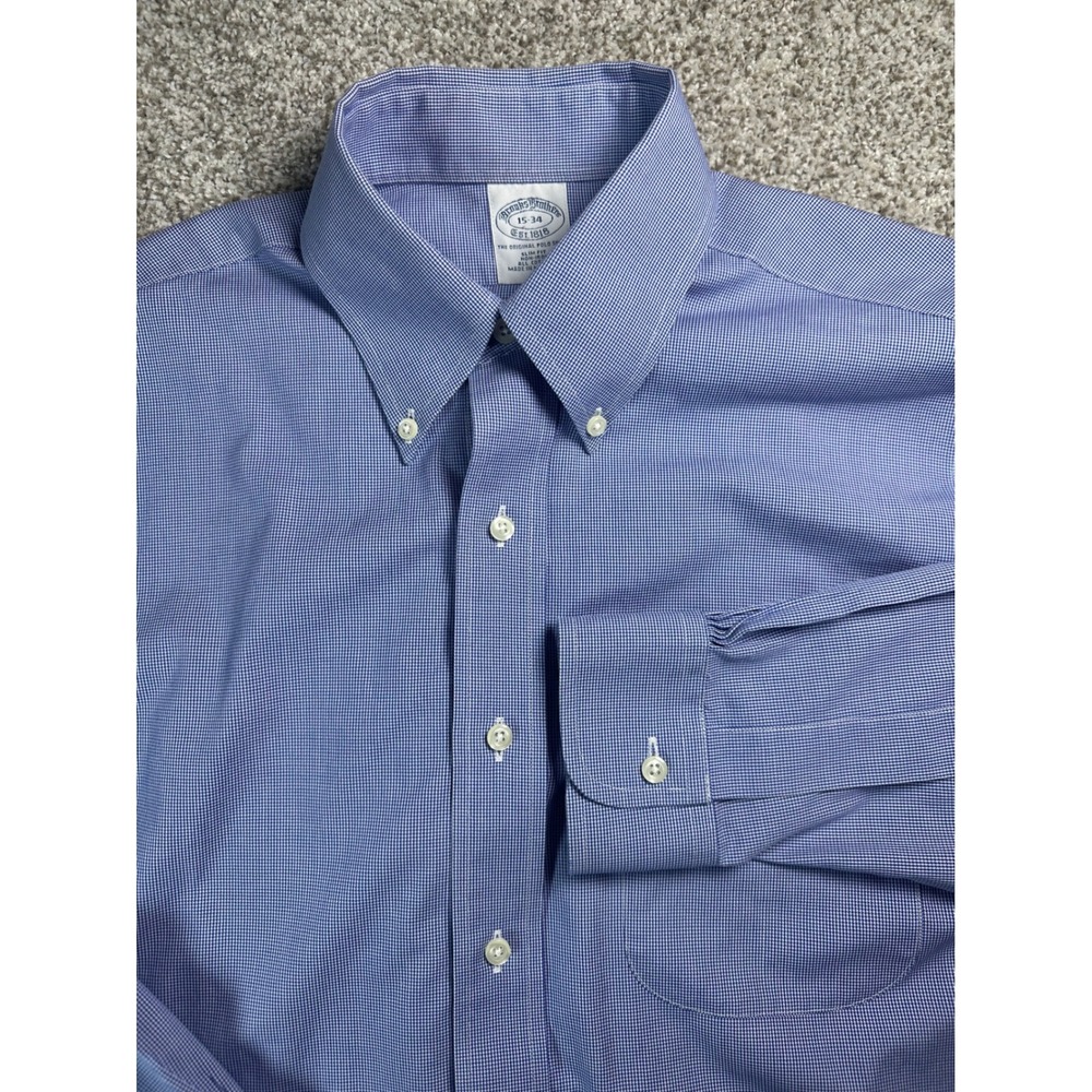 Brooks Brothers Slim Fit Non-Iron Dress Shirt Blue Micro Check 15-34 Mens
